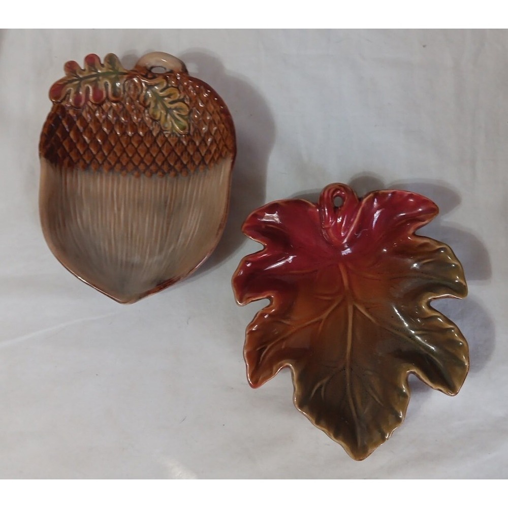 Pair Fall Ceramic Trinket Dishes Trays Acorn Maple Leaf Keys Candy Change Bowls‎